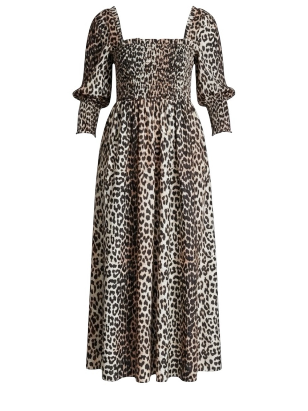 GANNI Cotton & Silk Leopard Puff Sleeve Square Neck Smocked Bodice Maxi Dress